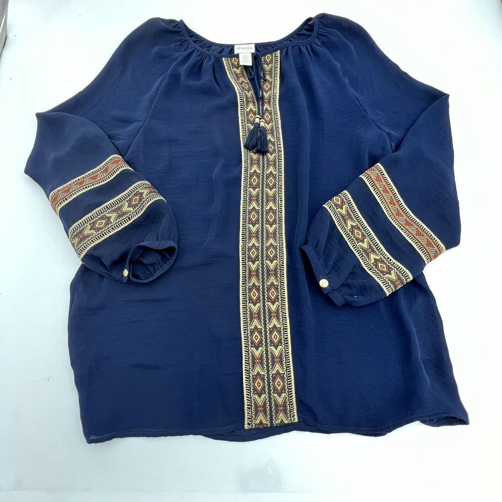 Chico's Blue Boho Tassel Tie Long Sleeve Blouse Small